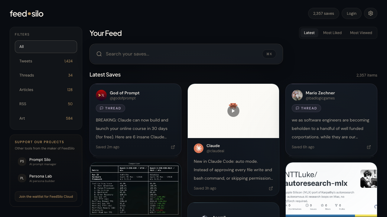 FeedSilo interface showing navigation sidebar, search bar, filters, and content feed with saved tweets and articles
