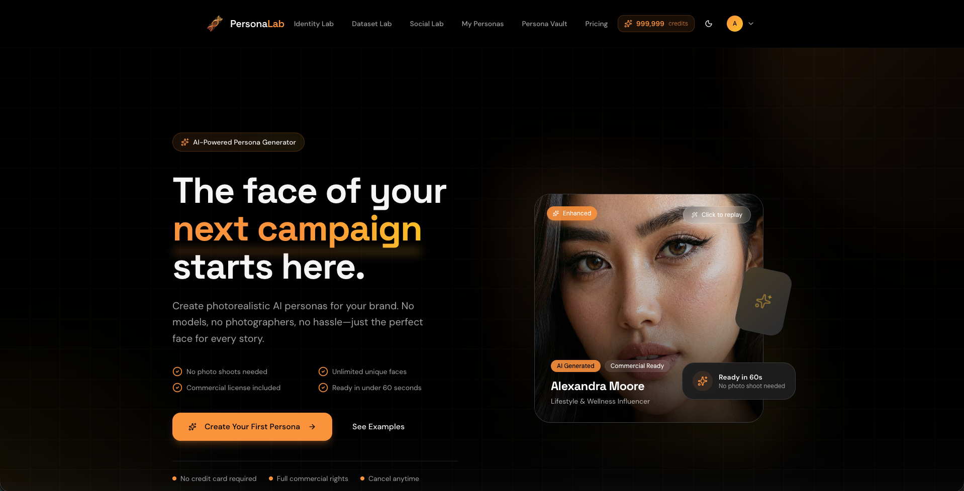 PersonaLab interface showing an AI-powered persona generator with photorealistic face generation