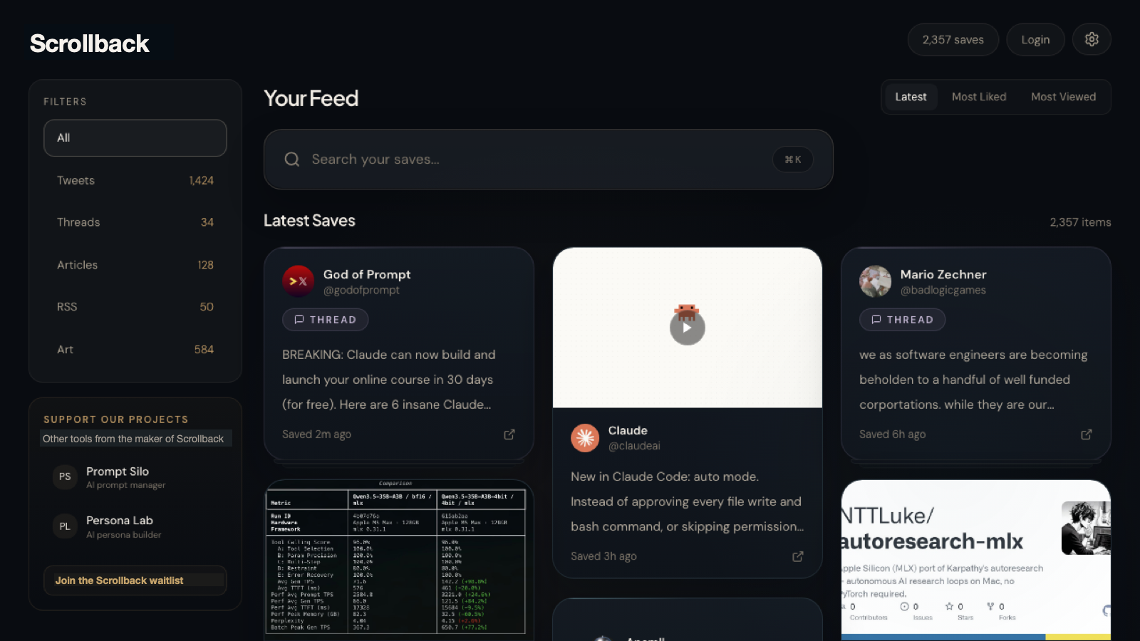 Scrollback app interface — a searchable feed of saved posts